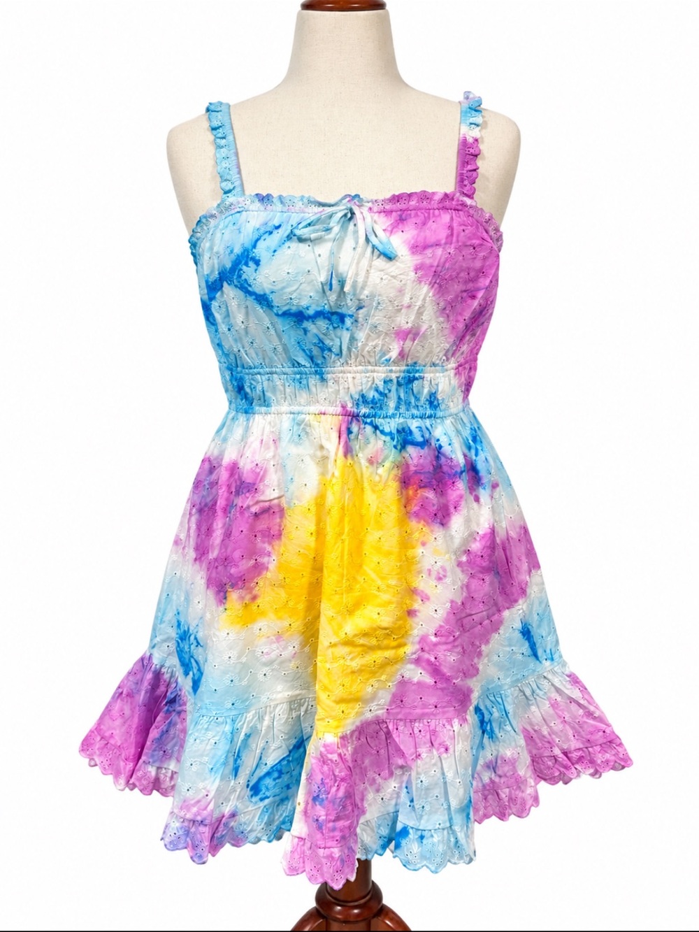 Tie-Dye Eyelet Sundress in Blue, Purple & Yellow size xs